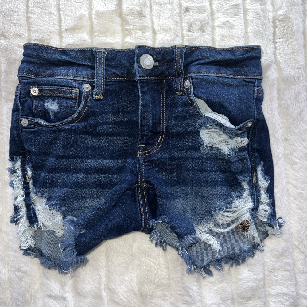Womens American Eagle Shorts 0‎ Midi Rise Distressed Blue Denim